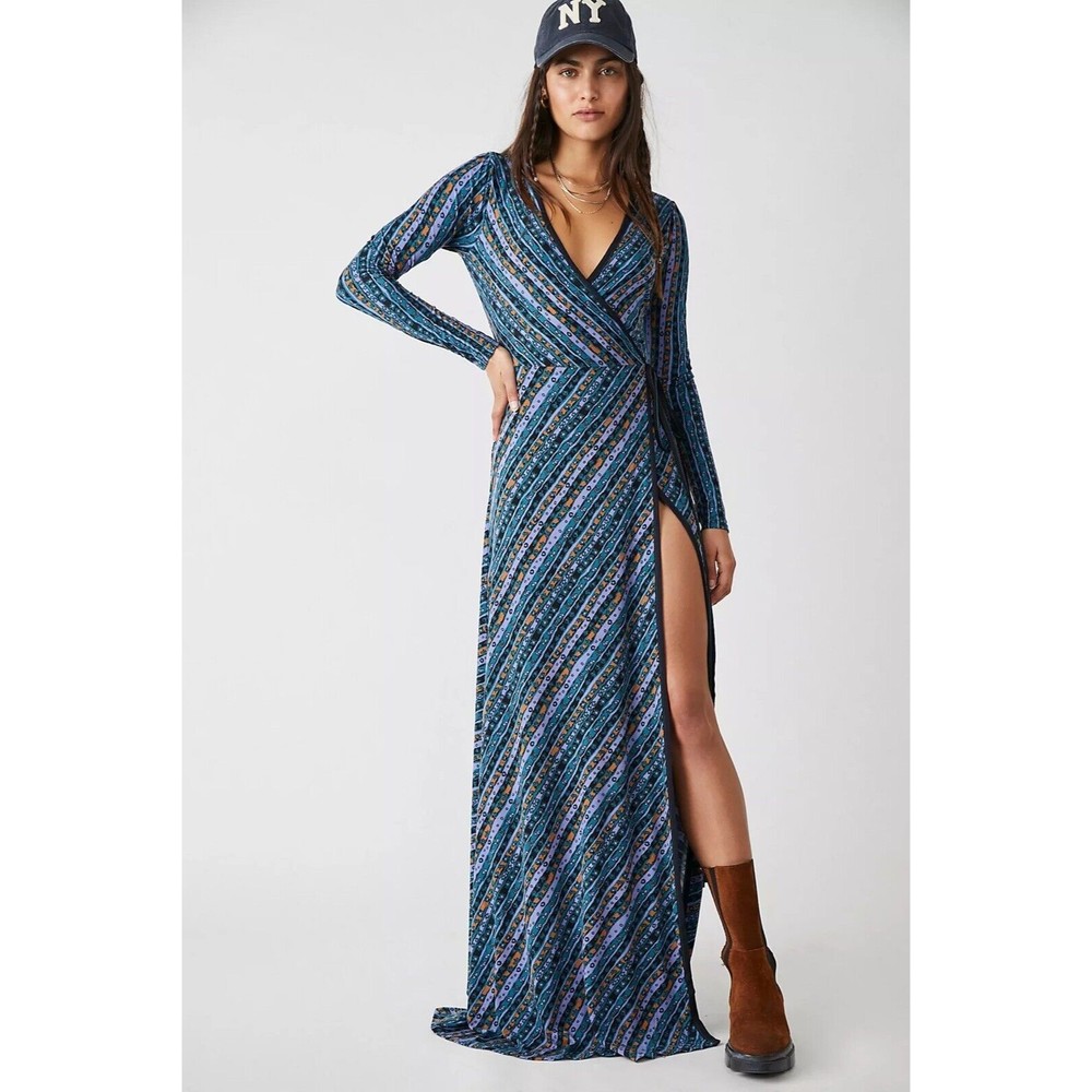 Free People Phoebe Knit Long Sleeve Wrap Maxi Dress L Blue
